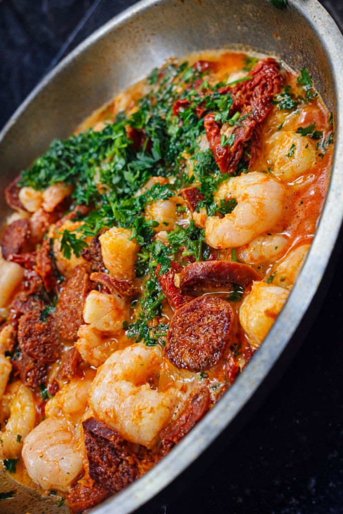 Hiszpańskie krewetki z chorizo na patelni